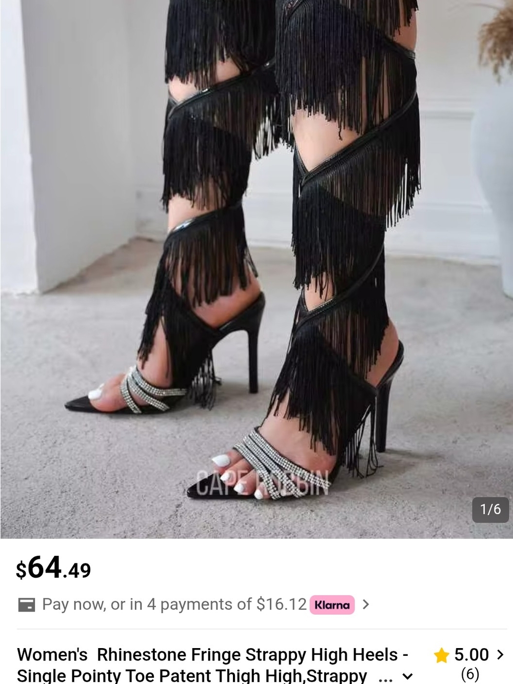 Black Rhinestone Fringe Thigh-High Stiletto Sandals - Women